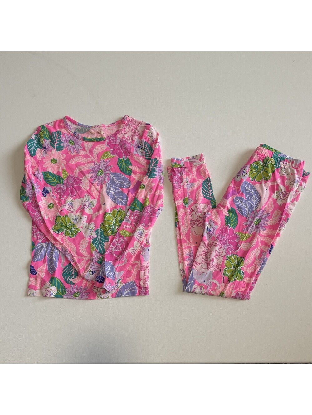 Lilly Pulitzer Girls Pajama Set Size 10 Pink Floral Long Sleeve Cotton Stretch